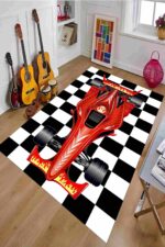 Checkered Formula One Red Car Rectangle Rug 1.jpg