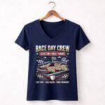 Custom Family Name Race Day Crew Checkered Flag 2 Womens V Neck.jpg