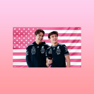 George Russell and Kimi Antonelli Pink Formula One Flag Outdoor Flag 1.jpg