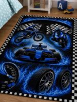 Racing Flames Formula Motorcycle Checkered Speed Rectangle Rug 2.jpg